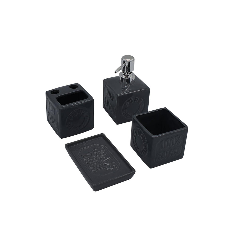Set Baño Cerámica Dispensador Porta Cepillo Gris (4u)