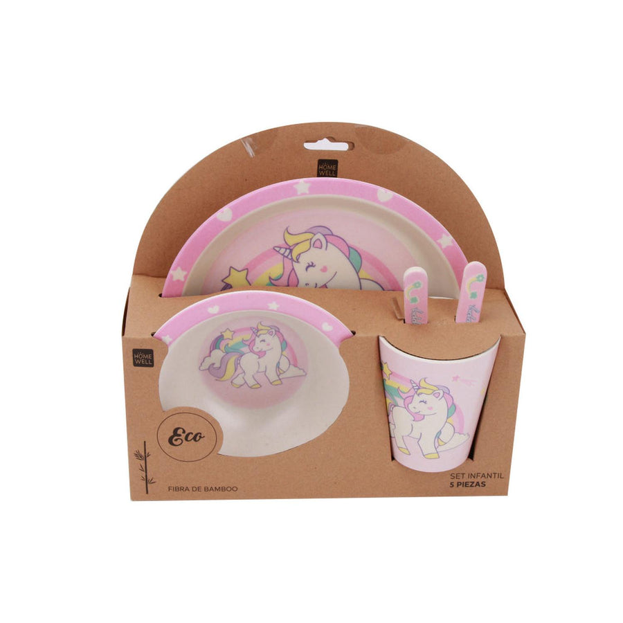 Set de Plato Vaso Tenedor Infantil Melamina Diseño Unicornio (5u)