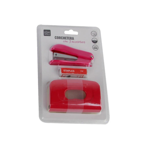 Set Corchetera, Perforadora y Repuestos Fucsia 20x14cm