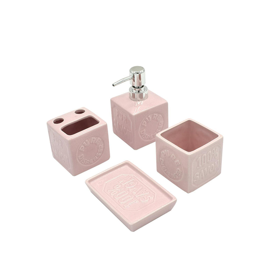Set Baño Cerámica Dispensador Porta Cepillo Rosado (4u)