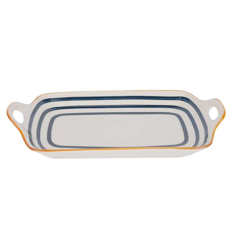 Plato Loza Rectangular Blanco Rayas Azules Circulares 23x16.5cm