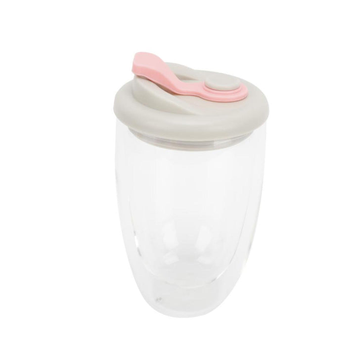 Taza de Vidrio Doble Pared Tapa Rosa 450ml