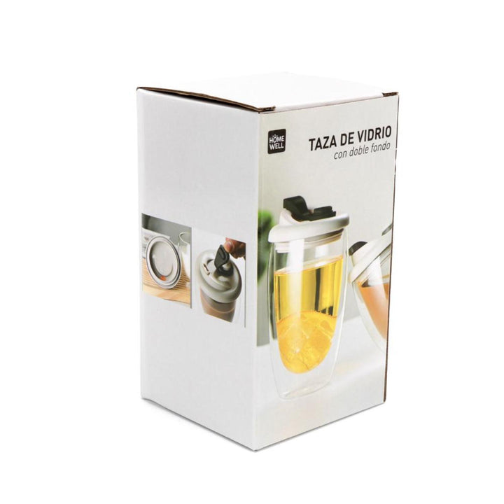 Taza de Vidrio Doble Pared Tapa Gris 450ml