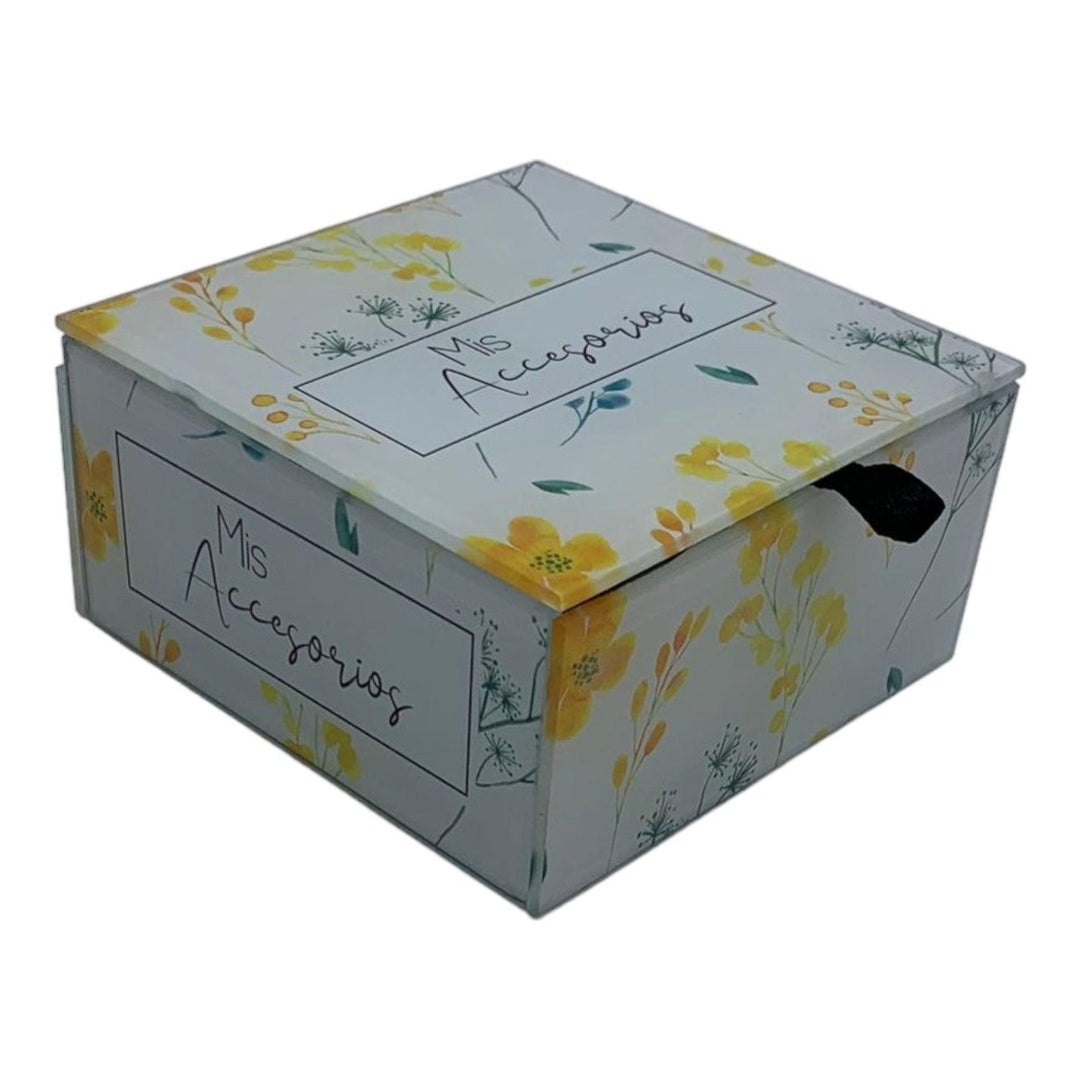 Caja Organizadora Flores Amarillas Vidrio Joyero Deco 10x9x5cm